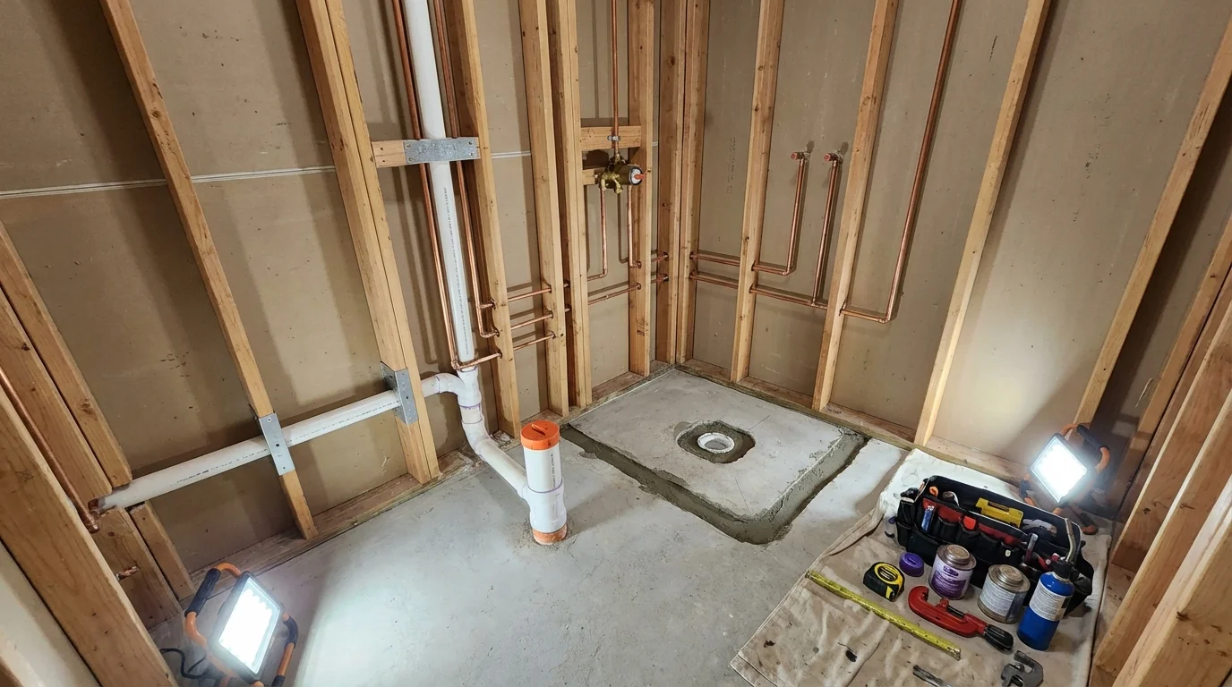 Bathroom rough-in plumbing during remodel by Johns Plumbing LLC in Hughson