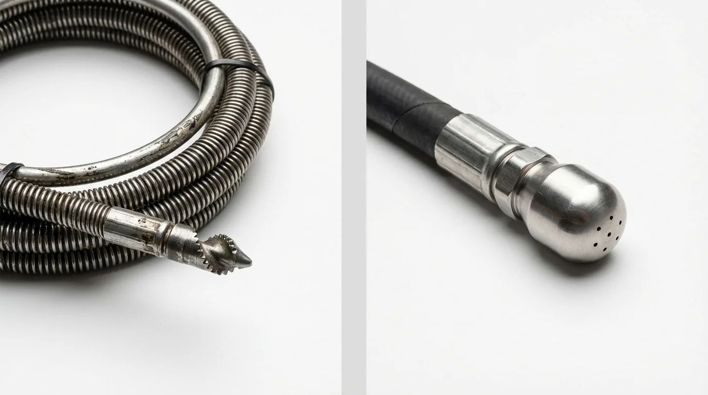 Drain snake cable and hydro jetting nozzle used for drain cleaning in Hughson, CA