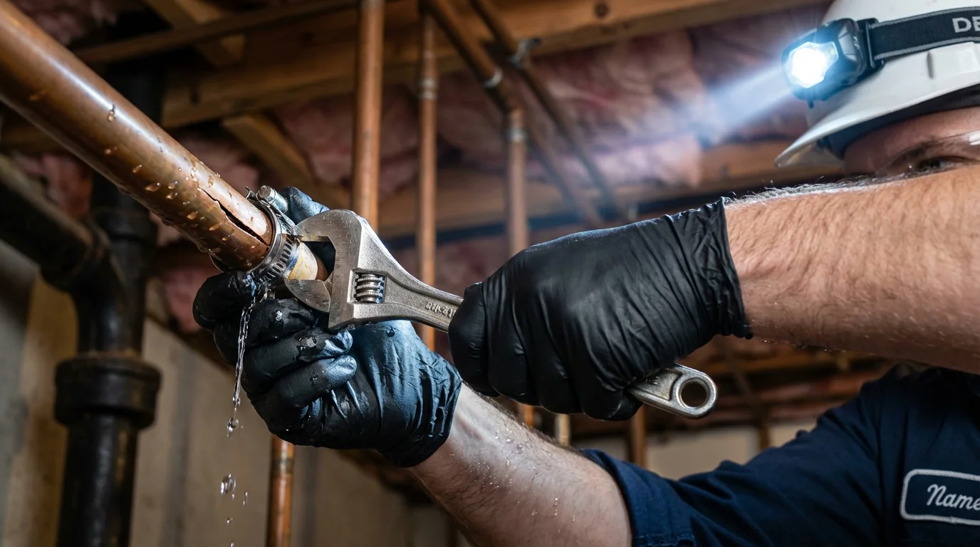 Emergency pipe clamp repair being performed by a Johns Plumbing LLC plumber in Hughson