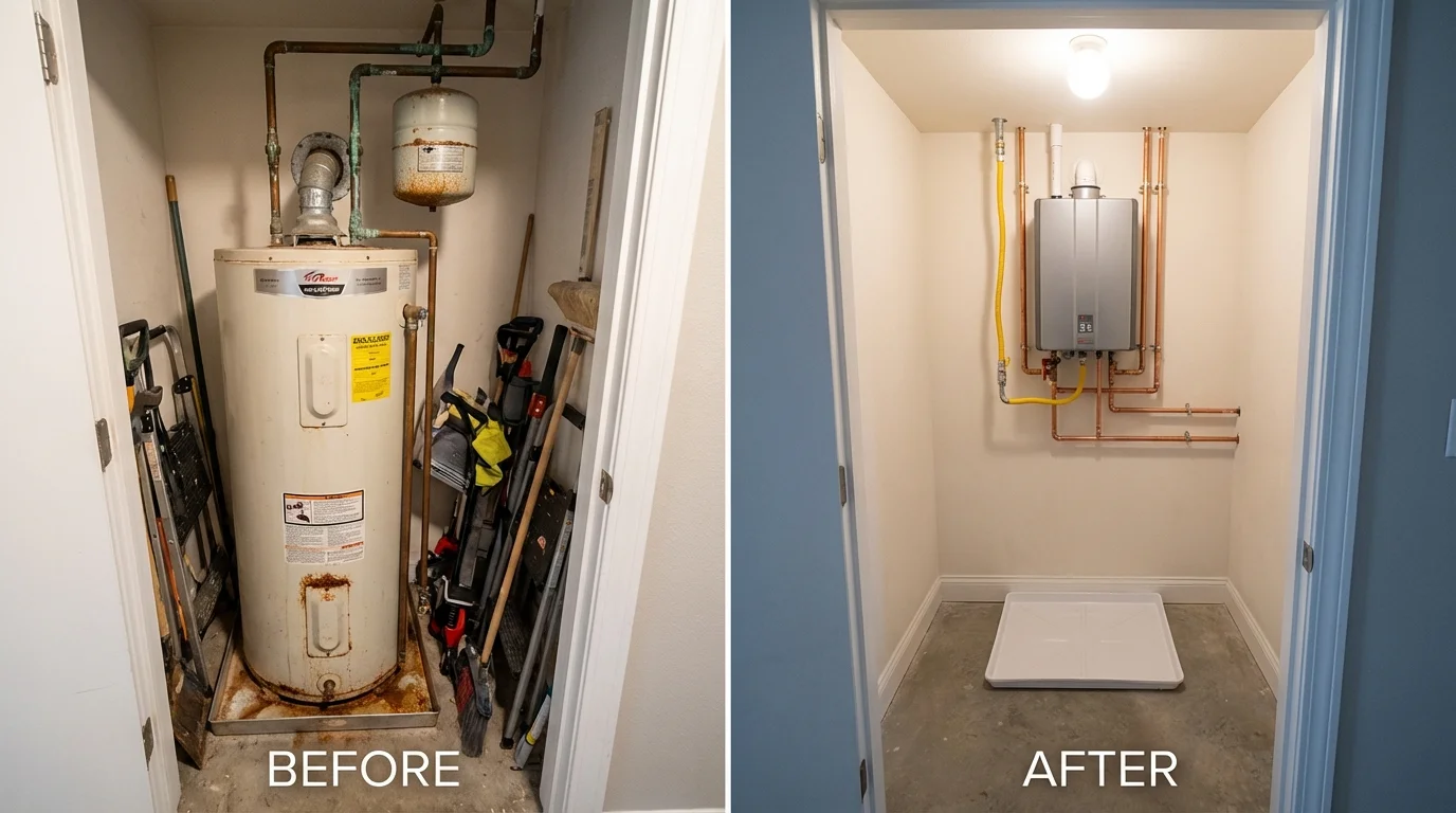 Tank water heater versus wall-mounted tankless unit comparison for Hughson, CA homeowners