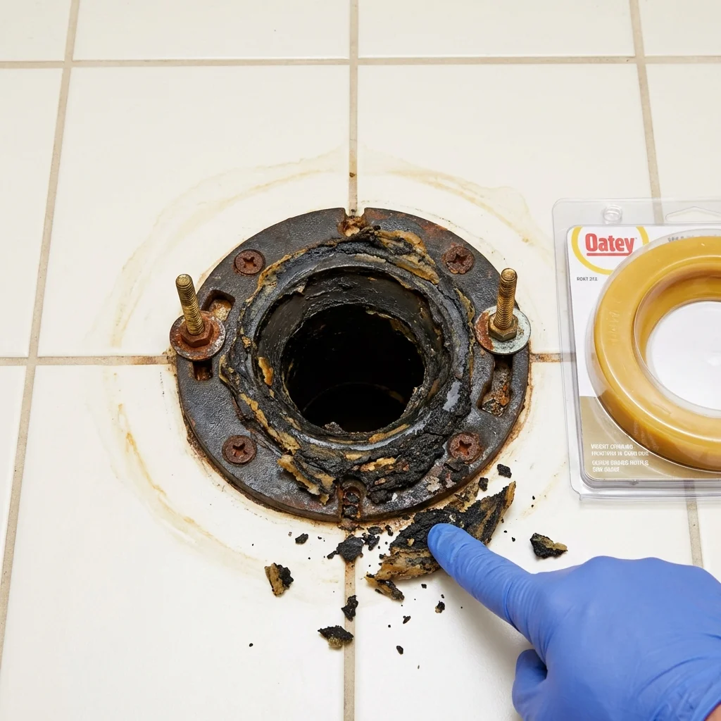 Failed wax ring showing water seepage at the base of a toilet in a Hughson, CA home