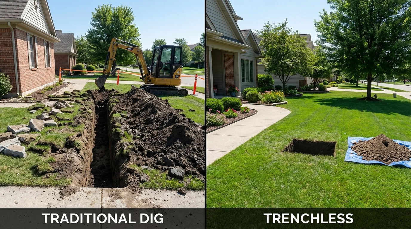 Trenchless sewer repair with minimal yard damage versus traditional excavation in Hughson, CA