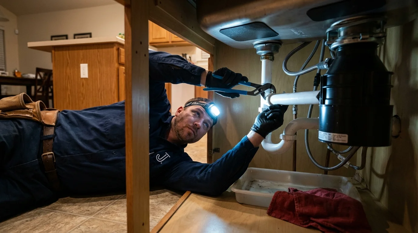 P-trap and supply line connections under a kitchen sink showing a common leak point in Hughson, CA